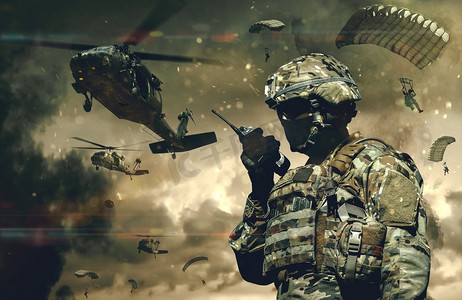 军队管酒治酒摄影照片_战场烟尘之间的军队和直升机.