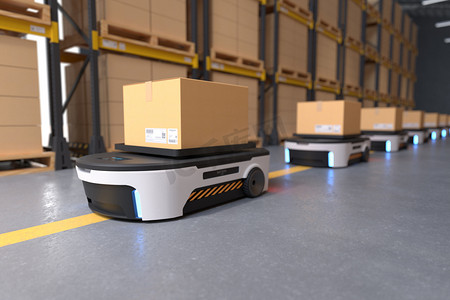 自动化机器人在仓库的运输,仓库自动化的概念.3D插图