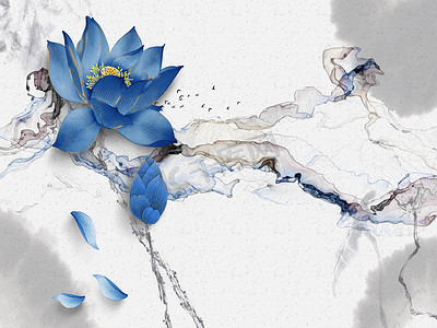摘要插图，白色背景与灰色斑点，黑烟，两朵蓝色大花