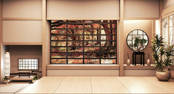 木制地板上空白房间的纸窗木制设计j