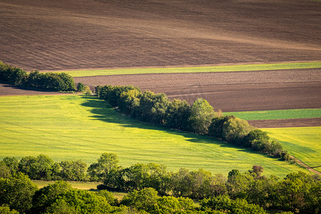 辽阔土地摄影照片_Ceske Stredohori, Czechia从空中俯瞰的绿地和黄地