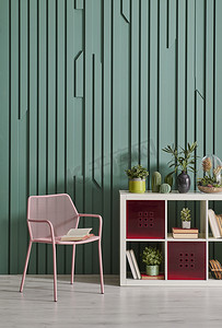 室内装饰绿色墙椅和书架风格