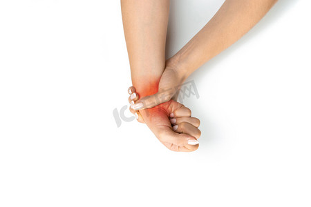 受伤女孩摄影照片_中枢神经腕管在手部疼痛。女人受伤的手腕。关节炎办公室综合征是计算机引起的.受伤的原因包括骨折、关节炎或食指