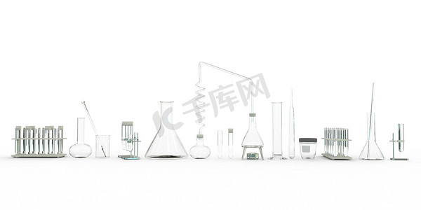 流体果汁摄影照片_白背景的实验室试管和其他生物玻璃器皿系列.大学概念，物体的三维图解