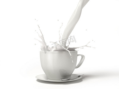 把牛奶倒进一个有飞溅的白色瓷杯杯杯里。用勺子在碟子上隔离在白色背景上。包括裁剪路径.