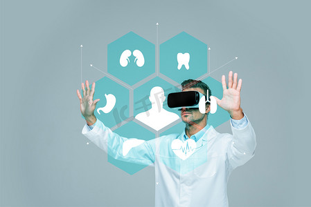 科学家在虚拟现实耳机接触医疗界面在空气中隔离灰色, 人工智能概念