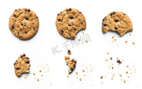 Steps of chocolate chip cookie being devoured. Isolated on white background.