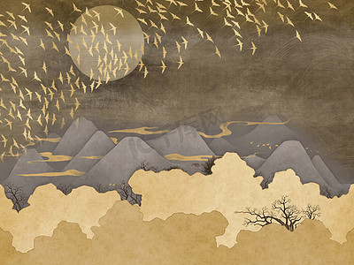 深棕色景观插图，满月，丘陵，雾，树木，天空中的一大群鸟