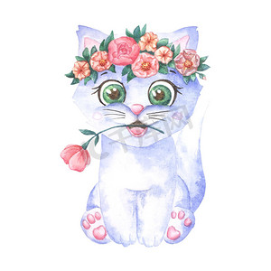 水彩画可爱的猫,戴着花环,嘴里衔着花. 水彩画猫图解。 T恤打印。 问候卡。 海报小猫咪. 