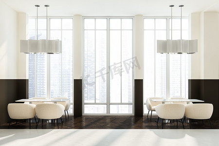 现代咖啡馆的内部, 白色和棕色的墙壁, 深色木地板, 阁楼窗户和木桌与白色扶手椅。3d 渲染