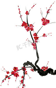 开花树的树枝。粉红色和红色的梅梅, 野生杏子和樱花的样式化的花朵。水彩和墨水插图在风格的墨-e, u-罪。东方传统绘画.  