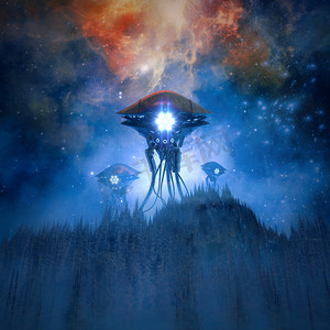 蓝色科幻摄影照片_用巨大的外星机器在雾蒙蒙的森林山上登陆的科幻小说场景的夜间/三维入侵者
