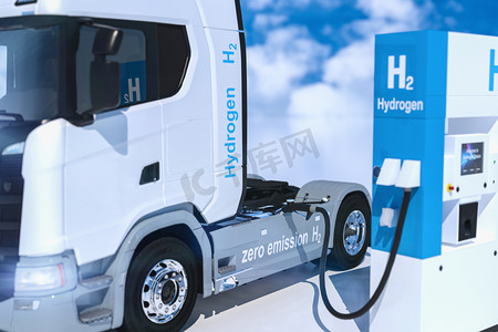 加油站标识摄影照片_加油站燃油分配器上的氢气标识。h2用于无排放环保运输的燃烧卡车发动机。3d渲染