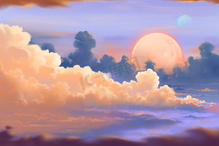 游戏视频背景游戏摄影照片_神奇和异国情调的艾伦行星环境。云景。视频游戏数字Cg艺术作品，概念插图，逼真的卡通风格背景 