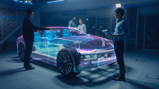 汽车设计工程师小组开发了增强型实境3D型电动车底盘样机。 汽车创新设施：3D概念车架，3D车体软件生成.