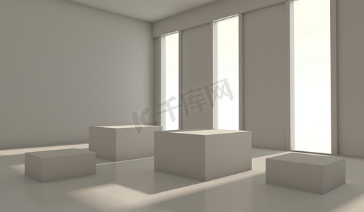 几何建筑简单摄影照片_抽象的建筑背景。空白色房间室内 3d 图