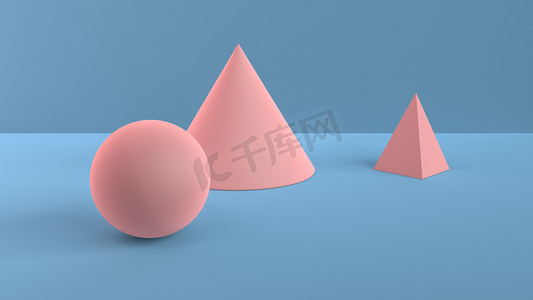 金字塔模型摄影照片_几何形状的抽象场景。球, 圆锥, 和金字塔软粉红色的颜色。3d 场景中带有蓝色背景的柔和环境光线。3d 渲染