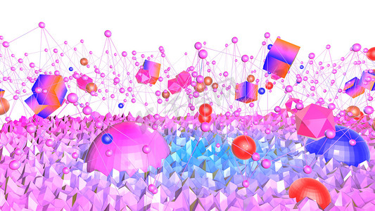 蓝色渐变几何摄影照片_3d. 在低聚风格下绘制具有现代渐变色彩的抽象几何背景。3d 表面带蓝色红色渐变, 带网格, 幼崽, 球体和其他3d 物体。1