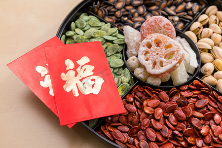 农历新年中国小吃托盘与红色包词意味着运气