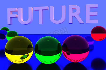 3d 渲染的彩色玻璃球上反光的表面和英语单词的未来
