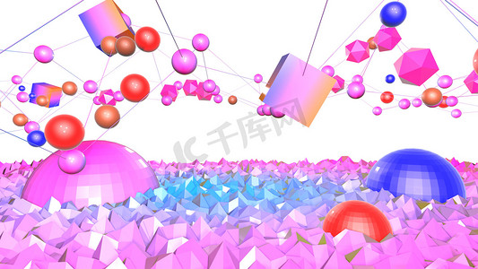 几何背景风格摄影照片_3d. 采用低聚风格的现代渐变颜色渲染抽象几何背景。3d 表面以尼斯蓝色红色梯度和与网格.