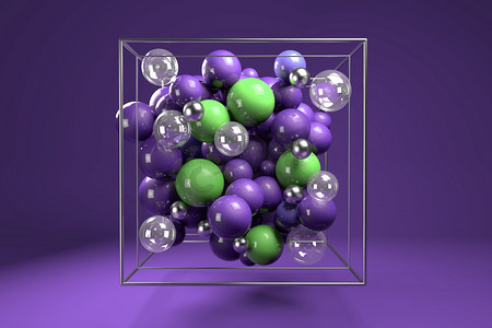 3d. 在铬丝立方体上的彩色光泽球体组。明亮的紫色和绿色塑料球与透明的气泡和金属球。紫色背景下的居中组合.
