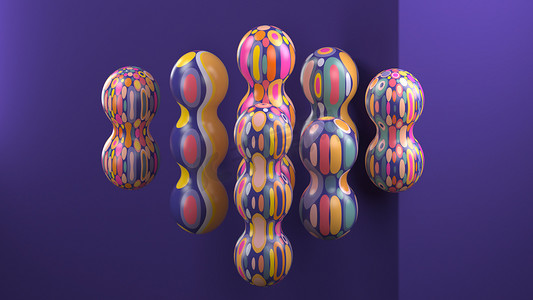 3d 渲染多彩多姿的装饰球。许多具有几何图案的球形形状。纹理生动的对象。抽象构成. 