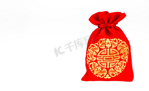 fabric摄影照片_Red fabric bag or ang pow with Chinese style pattern on white ba