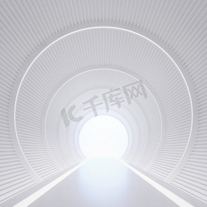 现代白色内部与隧道空间3d 渲染图像。白色弯曲的走廊有光在目的地.
