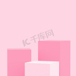 情人节粉色几何摄影照片_3D粉色立方体正方形讲台最小工作室背景。摘要三维几何形体图解绘制.情人节产品的展示.