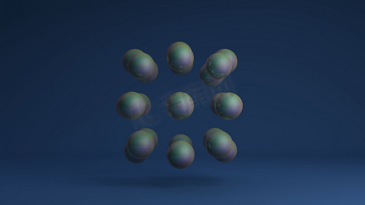 蓝色晶格背景摄影照片_一组蓝色背景的汽球按严格的几何顺序排列的3D图像。 晶体原子晶格的概念. 3D抽象背景绘制.