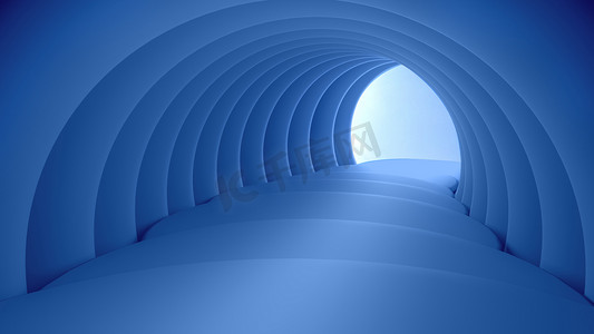 几何隧道摄影照片_带有通向灯光的楼梯的蓝色隧道的抽象背景。隧道尽头的灯。模型的几何形状的场景来表示产品.3D渲染