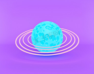 蓝色的抽象行星，环被紫色背景隔离。最低纲领的概念。3d渲染
