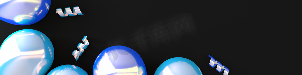 气球海报背景摄影照片_三维渲染了现实的光滑的彩色气球，带彩带彩带的黑色背景。生日、派对、推广社交媒体横幅、海报的空余空间。1.横向横幅