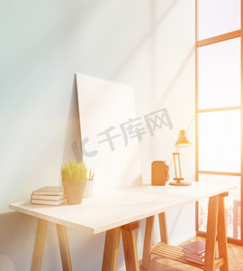 植物草图摄影照片_白色桌子上的空白框架，桌子上和桌子下的书籍，灯，右侧的窗户.