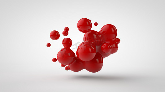 红色果汁摄影照片_3d渲染多个滴的红色液体看起来像血液，果汁。不同形状的掉落，不同大小的掉落，随机排列在空间中，在白色背景上隔离。3d 插图