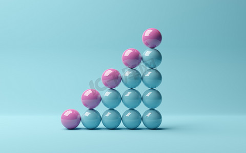 蓝底蓝球上升柱状图上的粉色球体，抽象的现代最小成功、成长、进步或成就概念，3D说明