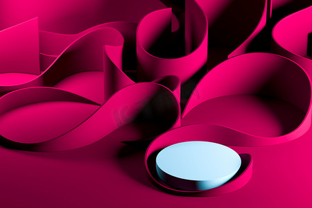 蓝色圆形展示柜，在粉红背景的粉底上有空旷的空间，靠近抽象波浪。3d渲染.