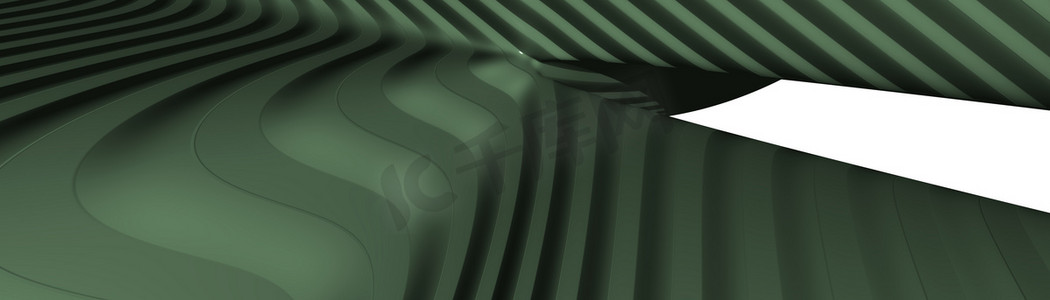 在白色抽象背景上的超宽三维图形的几何形状的深绿色，作为一个弯曲和光滑的表面，有直接的光反射。黑色和蓝色