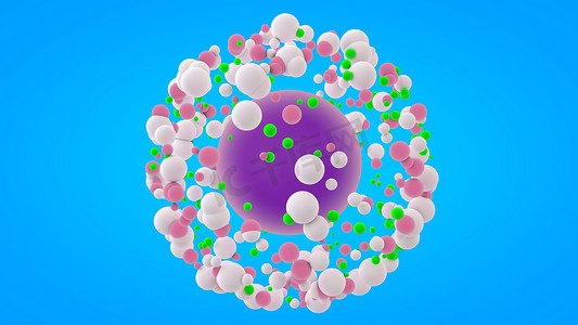 保护屏幕摄影照片_三维渲染许多球，围绕着一个大球的小球。 摘要设计,未来主义分子背景,圆形物体,蓝色背景. 桌面上屏幕保护程序的图像