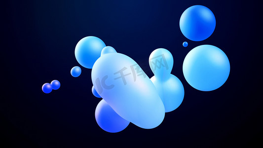 球体或球体像液蜡滴或空气中的球一样合并在一起。蓝色的液体梯度在美丽的水滴上闪烁着光芒,在里面散射光.3D渲染。19
