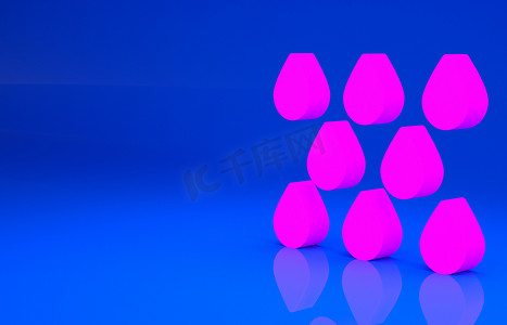 粉色水滴图标摄影照片_粉色水滴图标隔离在蓝色背景上.最低纲领的概念。3D例证。3D渲染