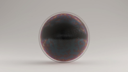 圆球摄影照片_环绕着小而清晰的圆球的黑油球体3D插图3D渲染