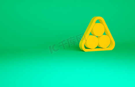 橙色台球在一个齿条三角形图标孤立的绿色背景。最低纲领的概念。3D渲染3D插图.