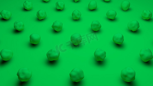 在绿色遮罩背景上具有波浪面的一组绿色球形对象的 3d 渲染。桌面背景的图像。抽象，未来设计的3D插图.