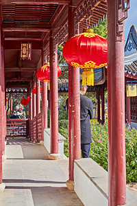 挂红灯笼摄影照片_中国传统的红灯笼挂在花园庆祝农历新年