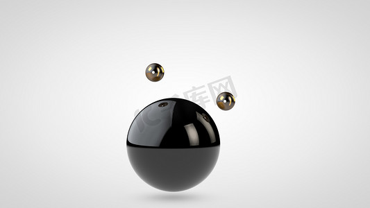 光泽球摄影照片_3d 插图的黑色有光泽的球，周围环绕着两个在白色背景上隔离的小球。几何形状的抽象表示。3d 渲染