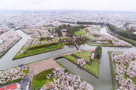 1855年, 在日本北海道函馆, 戈里亚卡库公园的顶部景观是建筑之星, 以保护城市建设, 并使用大量的工人来建造城市建筑