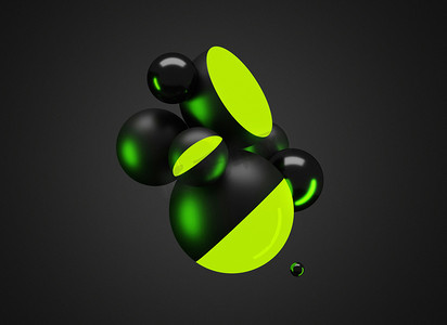 3D用荧光元素悬浮黑球，霓虹灯。抽象的飞行球面几何气泡形状，光在黑暗的黑色背景上。简约的光谱，时髦的，海报3D渲染.