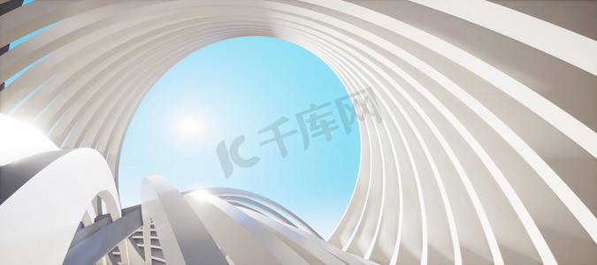 car摄影照片_Colorful abstract panoramic background: geometric white ring.( Car backplate, 3D rendering computer digitally generated illustration.)